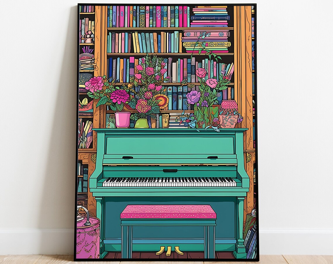 Teal Upright Piano Before A Colorful Library Bookshelf Floral Music Poster