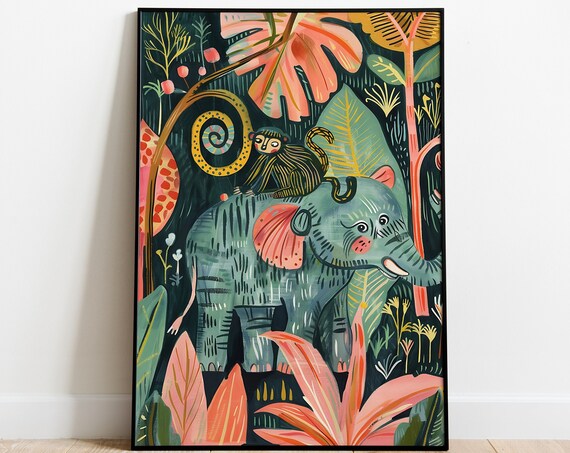 Baby Elephant With A Monkey Riding In A Tropical Jungle Kids Nursery Poster