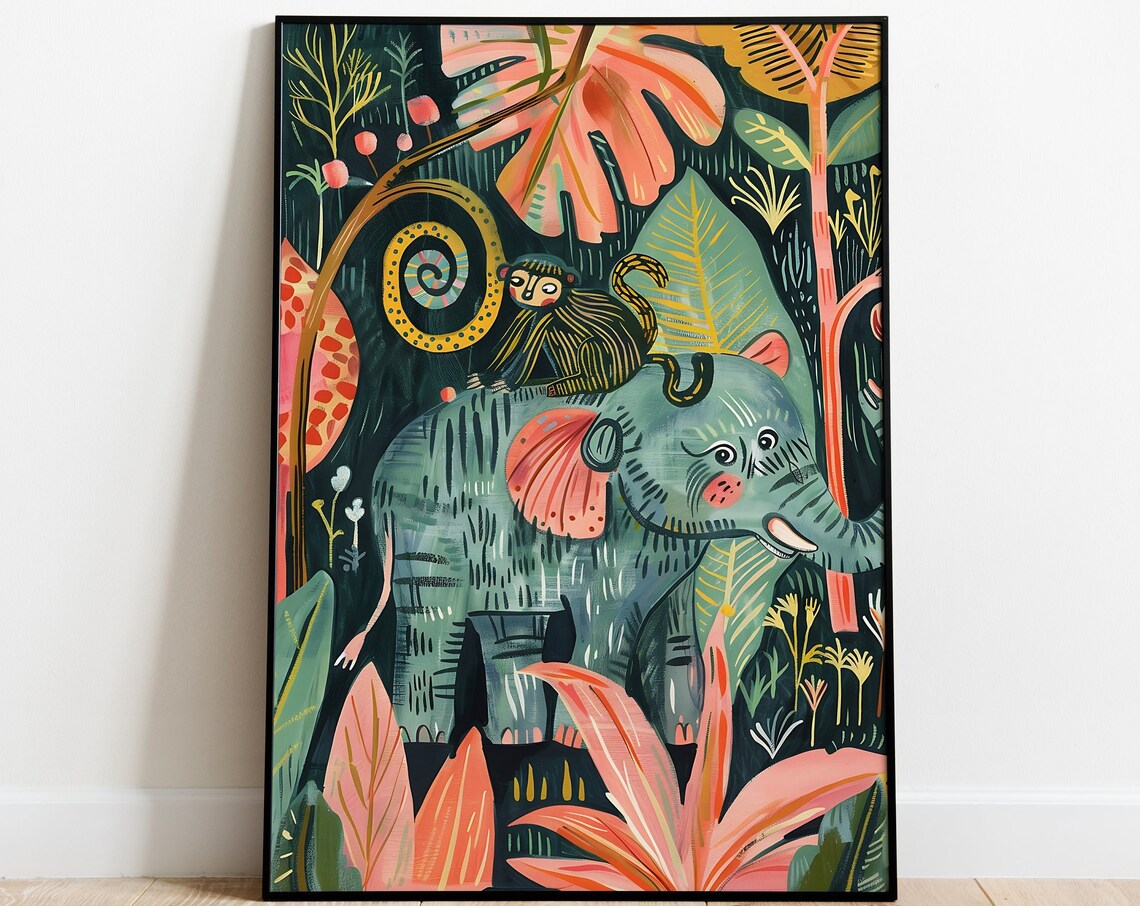 Baby Elephant With A Monkey Riding In A Tropical Jungle Kids Nursery Poster