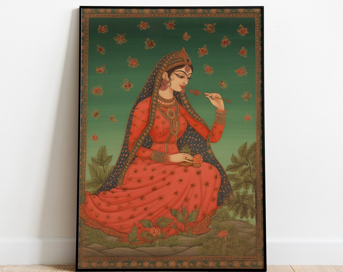 Vintage Indian Folk Wall Art Brown Woman Smoking Royal Princess Living Room Decor Indian Vintage Palace Painting Poster Wall Art