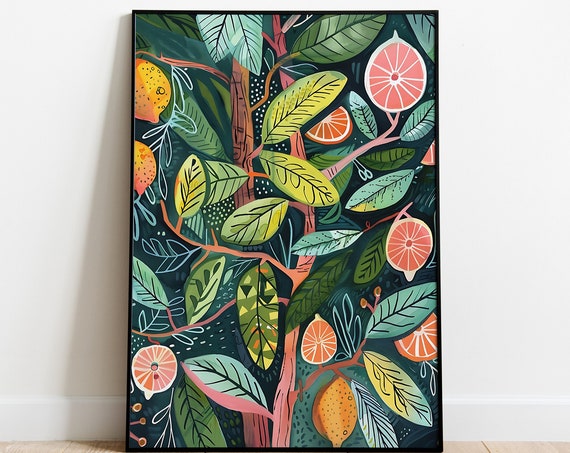 Lemon Tree Gouache Painting Maximalist Plant Prints Living Room Decor Printable Jungle Art Kitchen Art