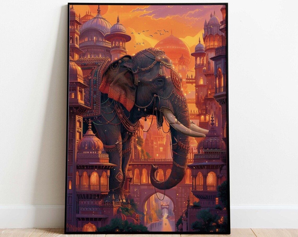 Royal Indian Elephant Sunset Palace Orange Sky Jewelry Art Poster