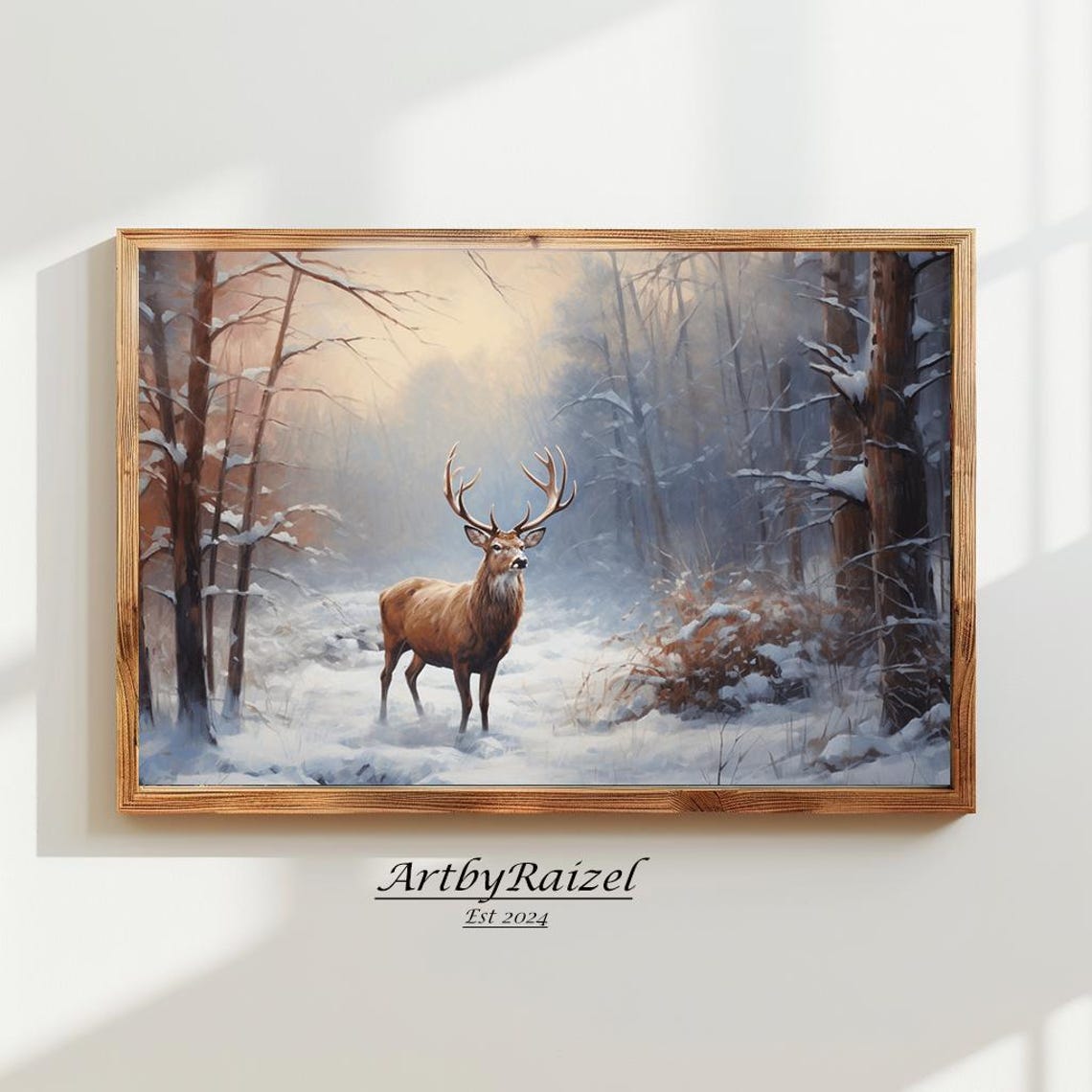 Stag Deer Standing In Snowy Forest Clearing Winter Animal Art Poster