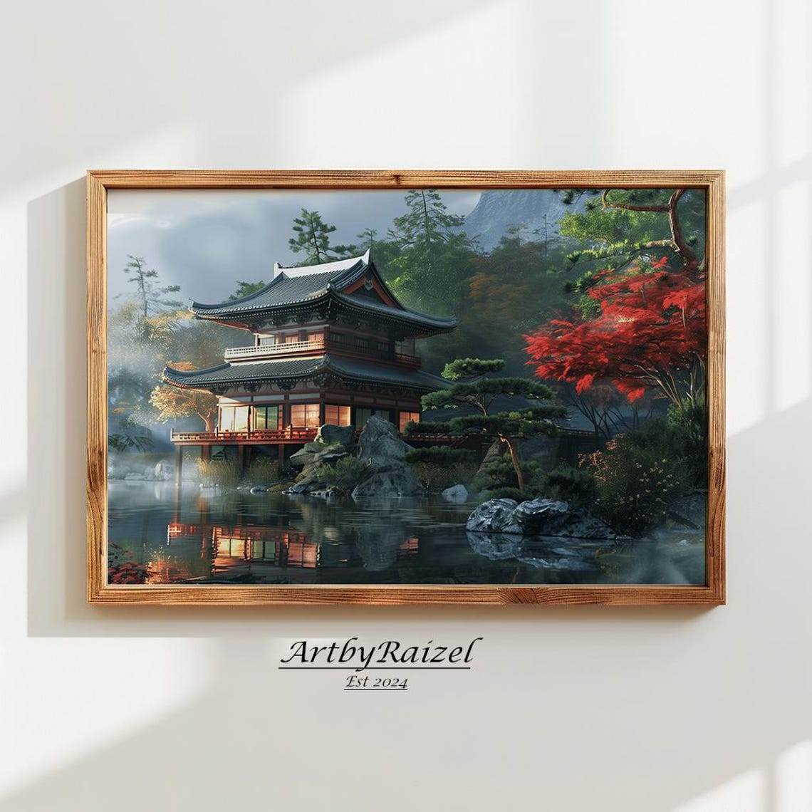 Japanese Temple By Lake Red Maple Autumn Reflections Art Poster