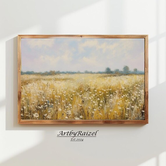 Vast Golden Grass Field White Flowers Prairie Landscape Poster