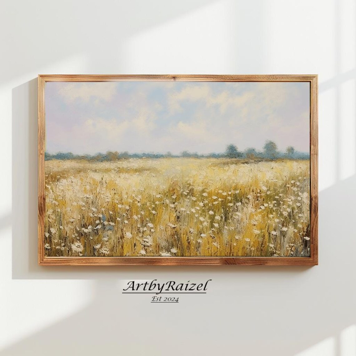 Vast Golden Grass Field White Flowers Prairie Landscape Poster