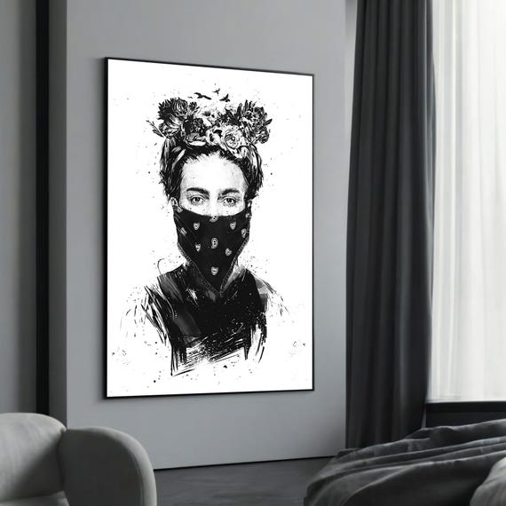 Rebel Woman With Floral Crown Canvas Painting Bold Black And White Street Art Unique Wall Decor For Modern Spaces