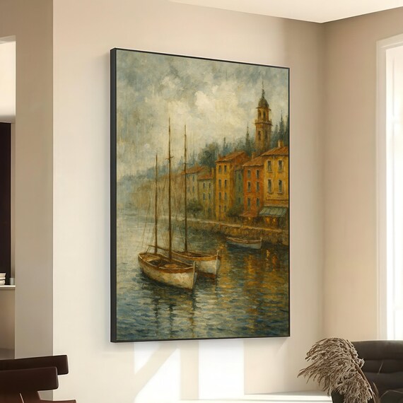Vintage Coastal Harbor Sailboats Old European Town Church Tower Art Poster