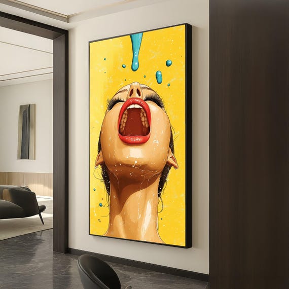 Bold Modern Art Canvas Woman Drinking Water Pop Wall Decor Vibrant Yellow Background Contemporary Face Portrait