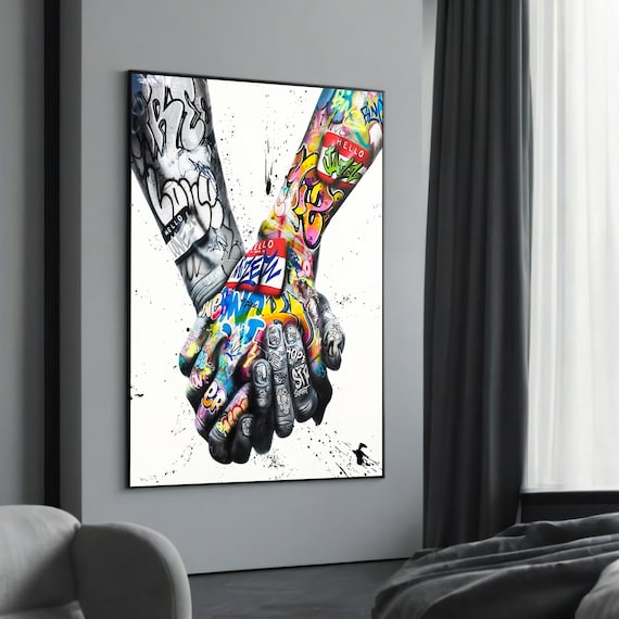 Clasped Tattooed Hands In Colorful Graffiti Style Art Poster