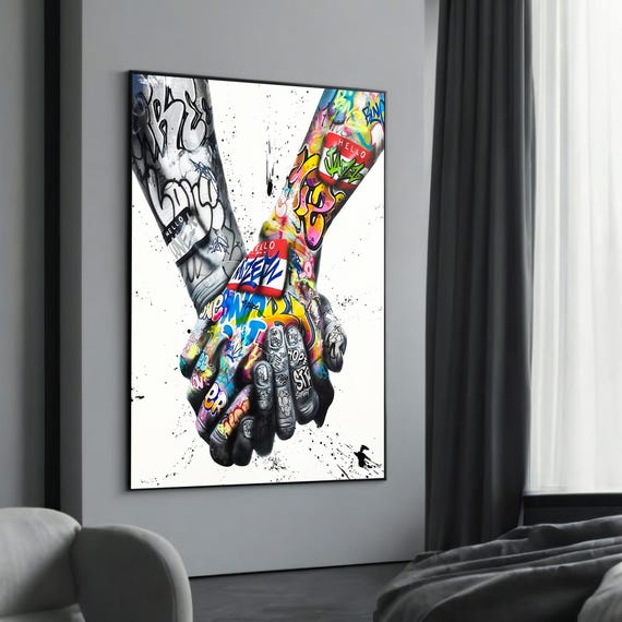 Graffiti Holding Hands Canvas Painting Bold Urban Art Celebrating Unity And Love Unique Gift For Street Lovers