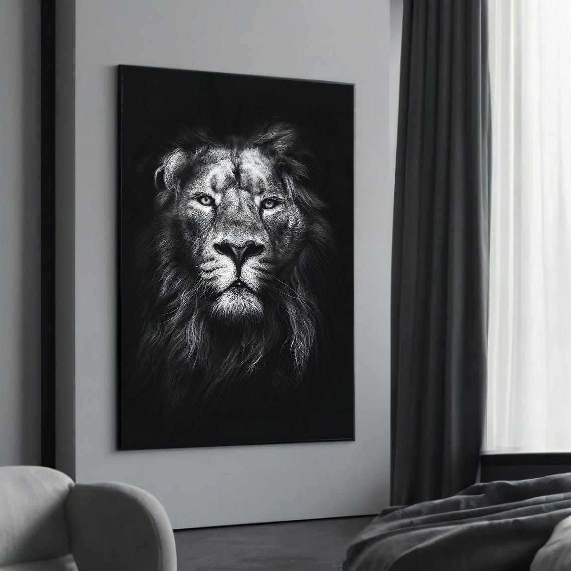 Black and White Majestic Lion Portrait Dark Wildlife Art Poster