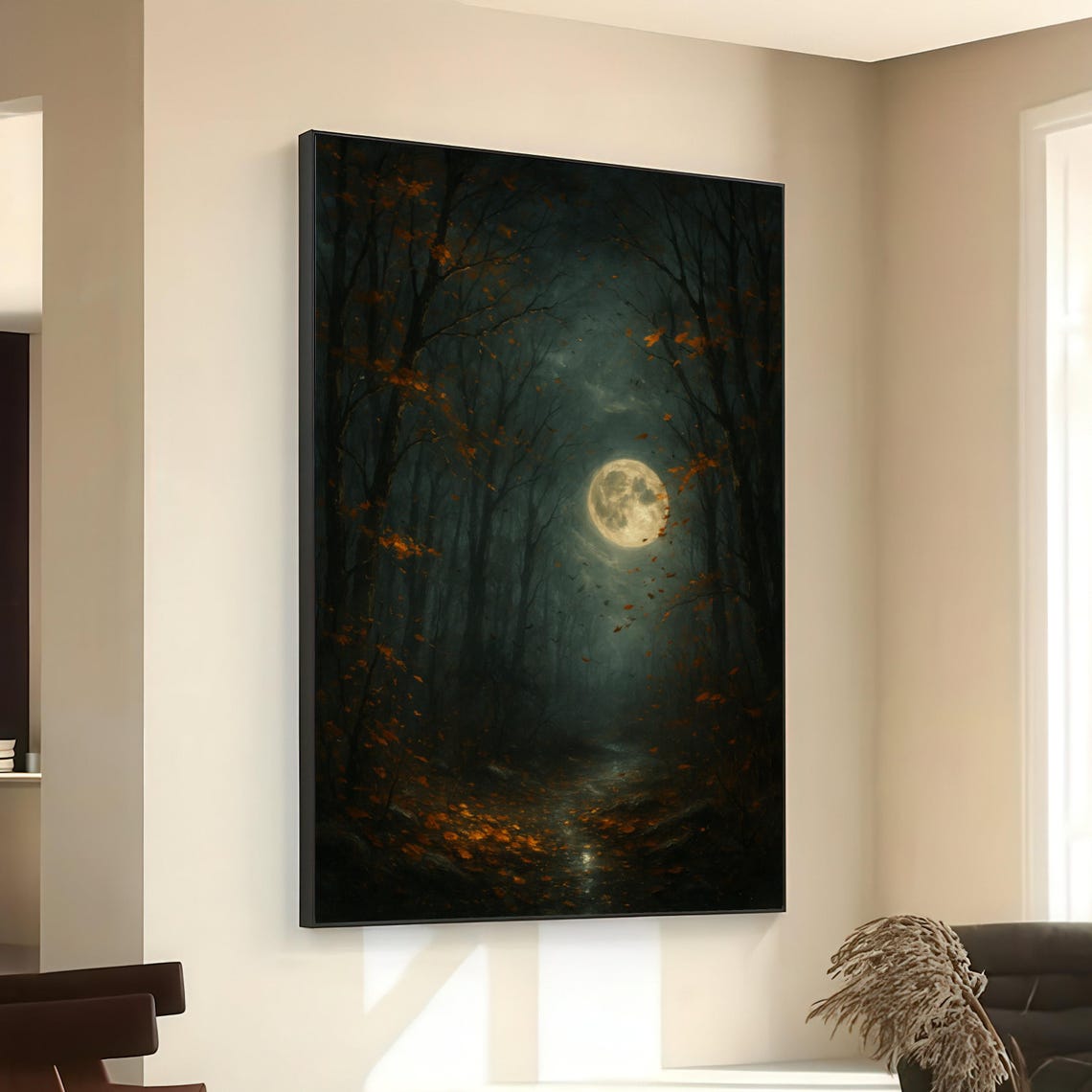 Moonlit Forest Path Full Moon Autumn Leaves Dark Night Painting Poster
