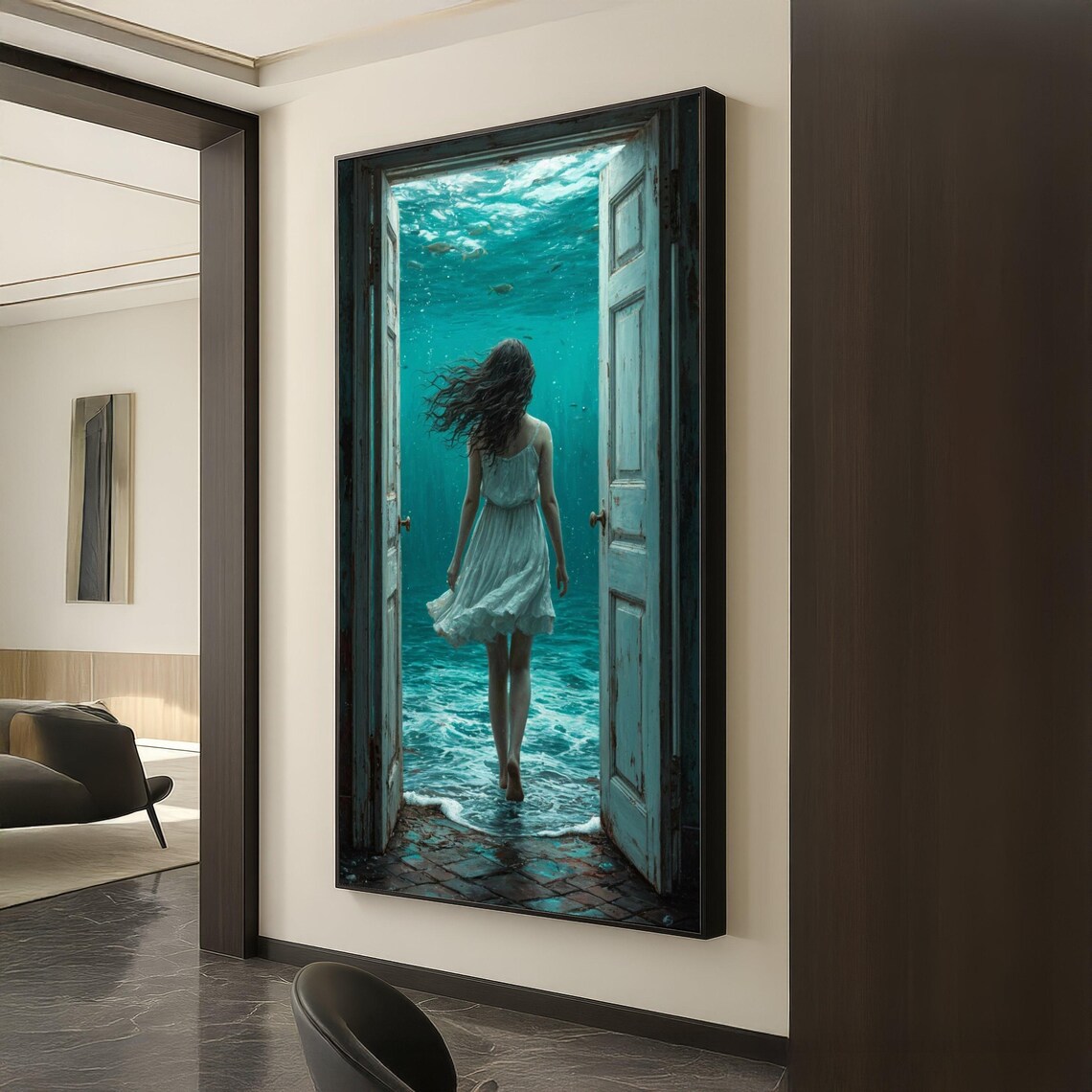 Underwater Doorway Woman White Dress Turquoise Ocean Dream Art Poster