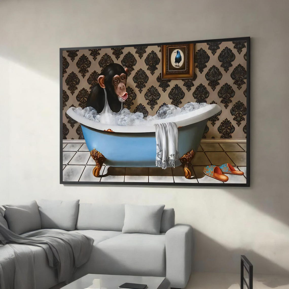 Chimpanzee Relaxing in Bubble Filled Bathtub Whimsical Animal Poster