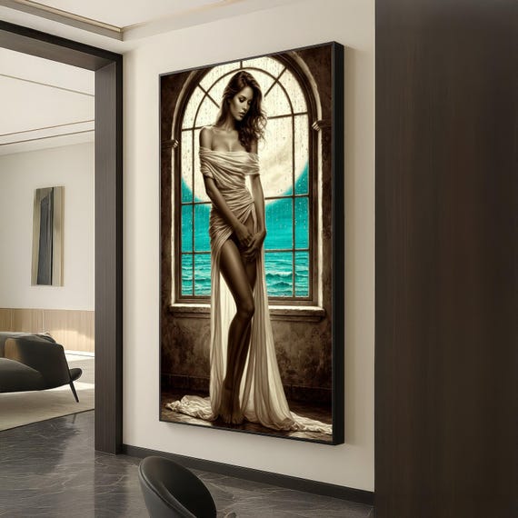 Elegant Woman In Flowing Dress Romantic Window Canvas Wall Art Vintage Style Portrait Moody Sepia Tones Coastal Ocean View Decor
