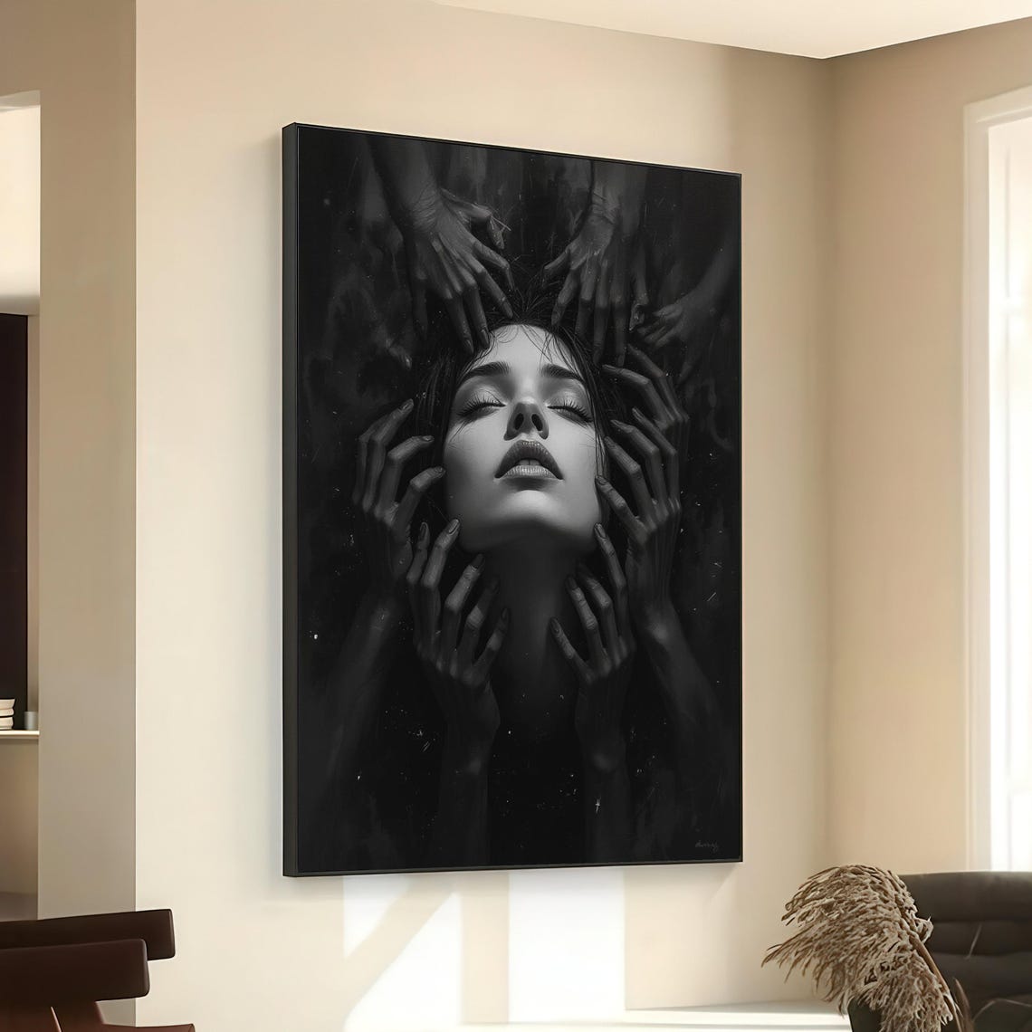 Surreal Woman Face Canvas Black And White Hands Art Emotional Portrait Wall Modern Expressionism Home Decoration
