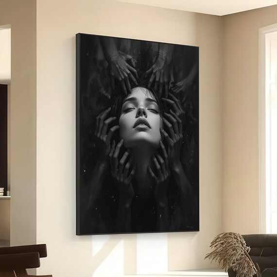 Surreal Black and White Woman Face Surrounded by Hands Dark Emotional Art Poster
