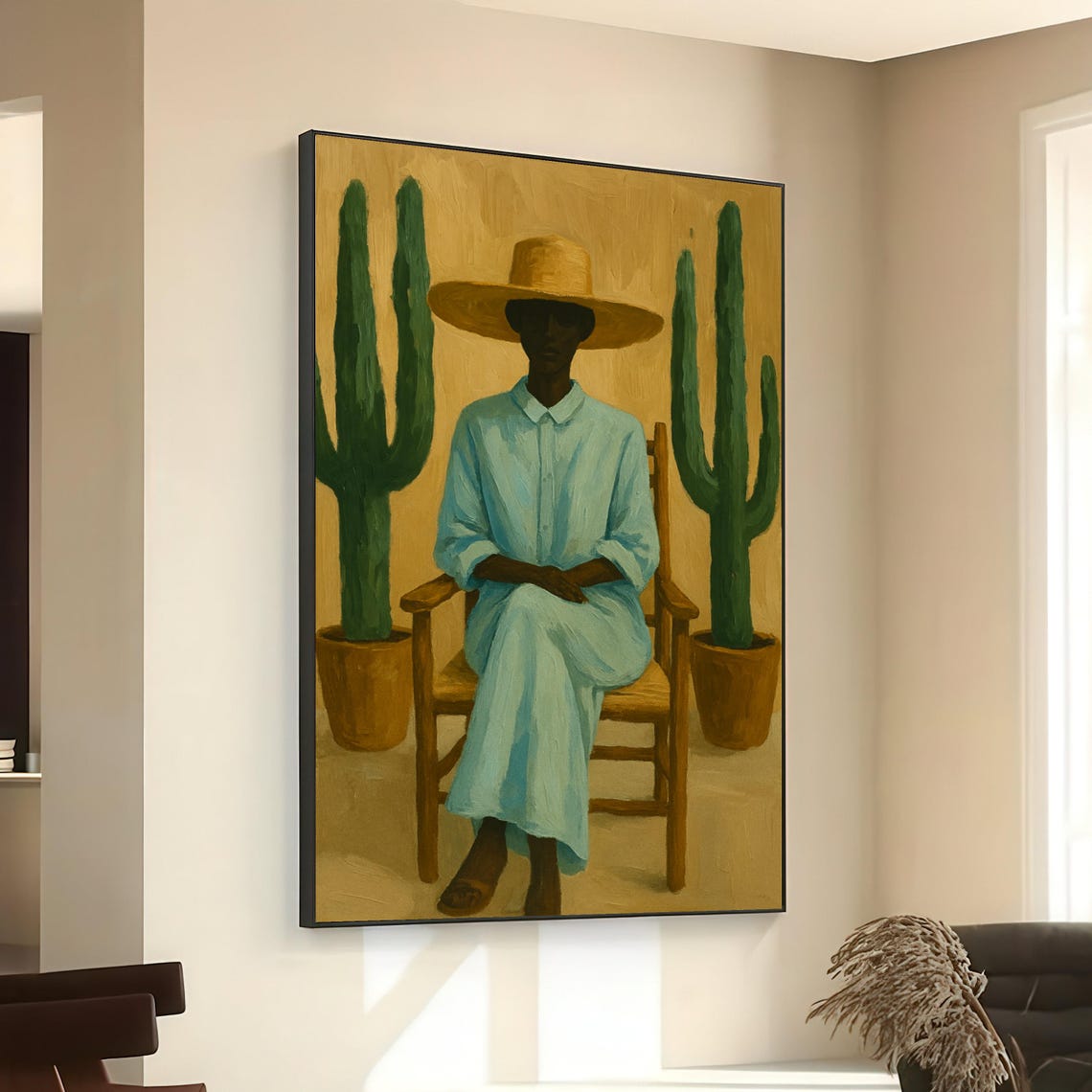 Serene Woman Blue Dress Straw Hat Desert Cactus Minimalist Poster