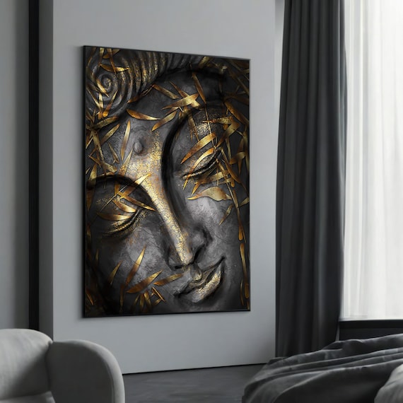 Dark Stone Buddha Face with Scattered Golden Leaves Elegant Poster