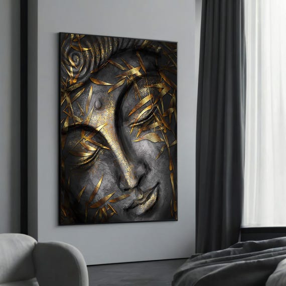 Golden Leaf Buddha Canvas Art Elegant Zen Wall Decor Spiritual Meditation Artwork Tranquil Home Ready To Hang