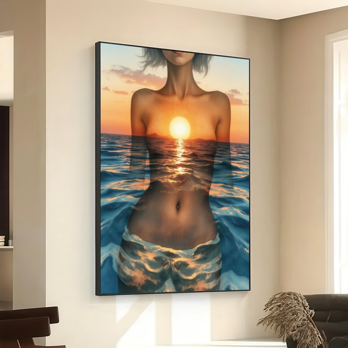 Sunset Over Sea Female Silhouette Double Exposure Canvas Wall Art