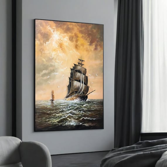 Sailing Ship Under Golden Clouds with Seagulls Ocean Art Poster