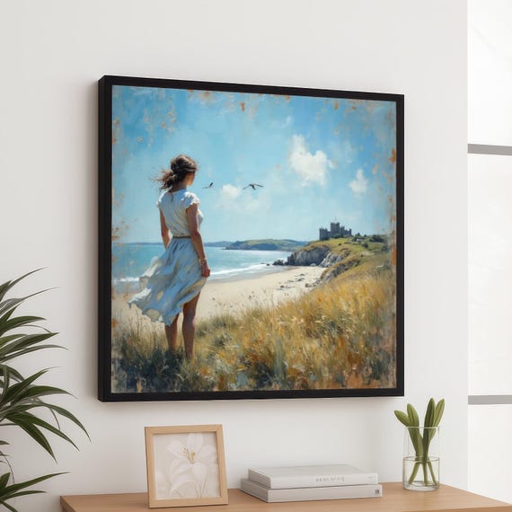 Coastal Breeze Woman Canvas Wall Art Seaside Landscape Painting Beach View Artwork Castle Cliff Scene Nature Decor