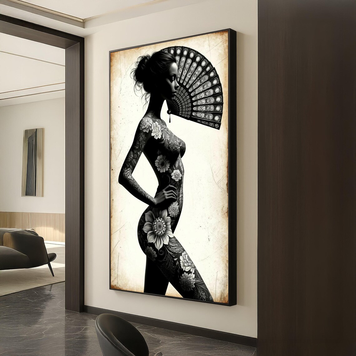 Black White Floral Silhouette Woman Fan Vintage Botanical Art Poster