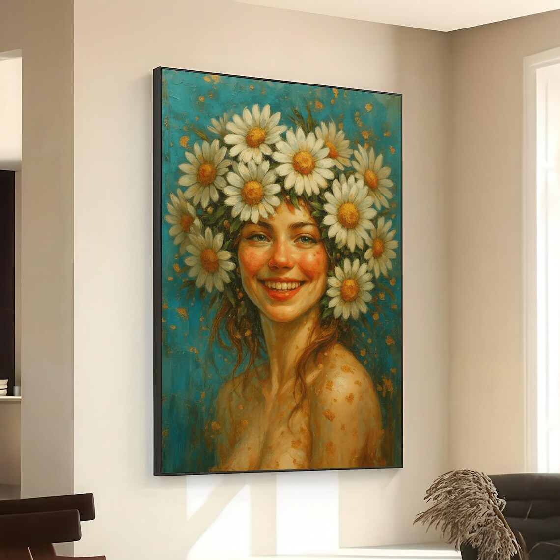 Smiling Woman Daisy Flower Crown Teal Bohemian Floral Portrait Poster