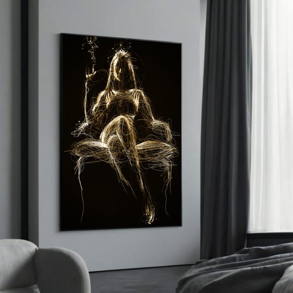 Abstract Woman In Gold Light Lines Modern Minimalist Art Bold Wall Decor Unique Artistic Canvas Painting Contemporary