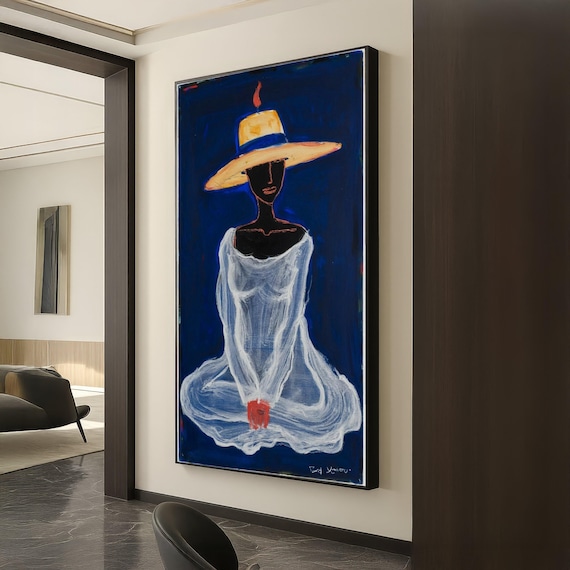 Elegant Woman In Wide Brim Hat Cobalt Blue Portrait Art Poster