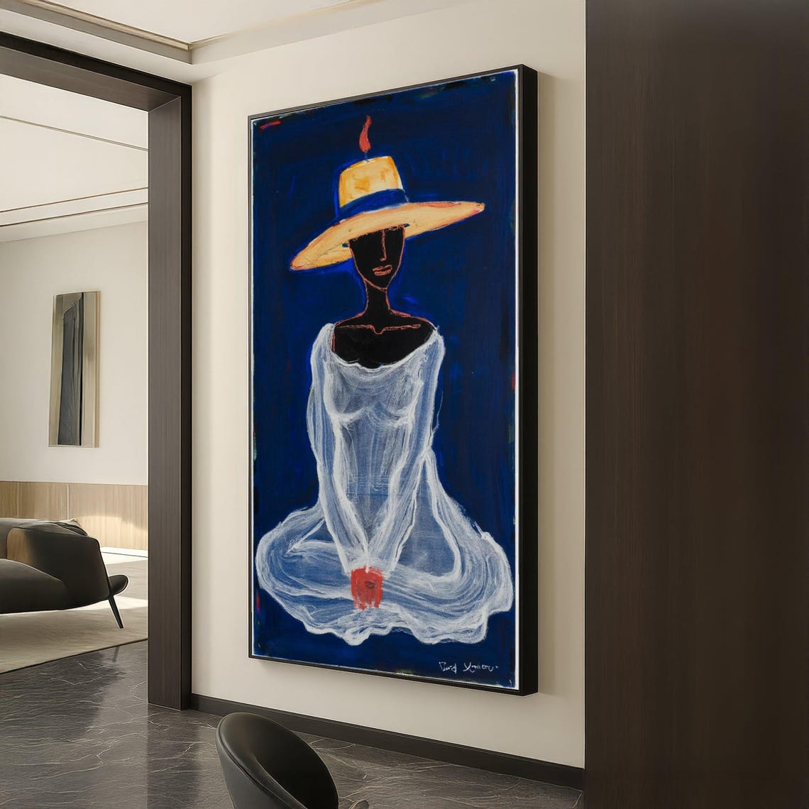 Elegant Woman In Wide Brim Hat Cobalt Blue Portrait Art Poster