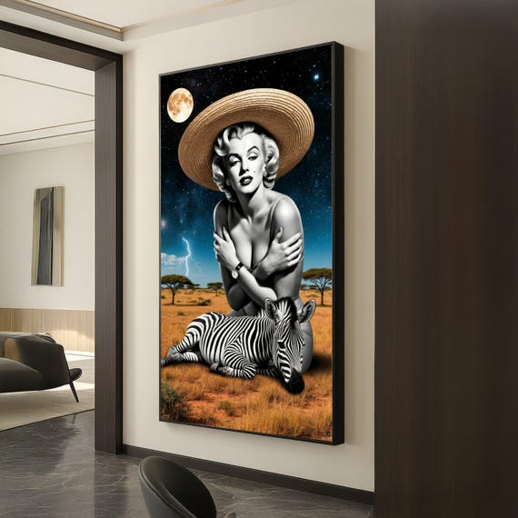 Retro Glamour Woman With Zebra Safari Landscape Canvas African Wildlife Art Vintage Style Wall Moonlit Night Scene Decoration