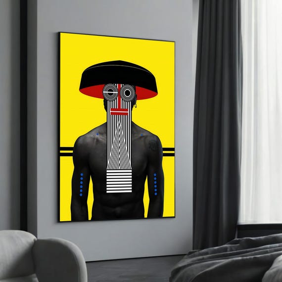 Abstract Ethnic Figure With Bold Geometric Patterns Vibrant Yellow And Black Canvas Painting Unique Gift For Contemporary Home Decor