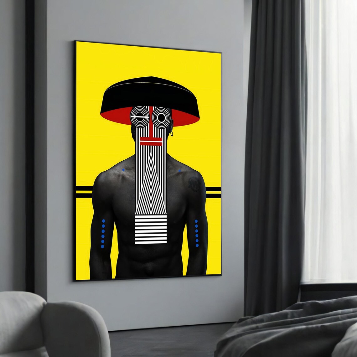 Bold Geometric Tribal Mask Face Yellow Black Graphic Art Poster