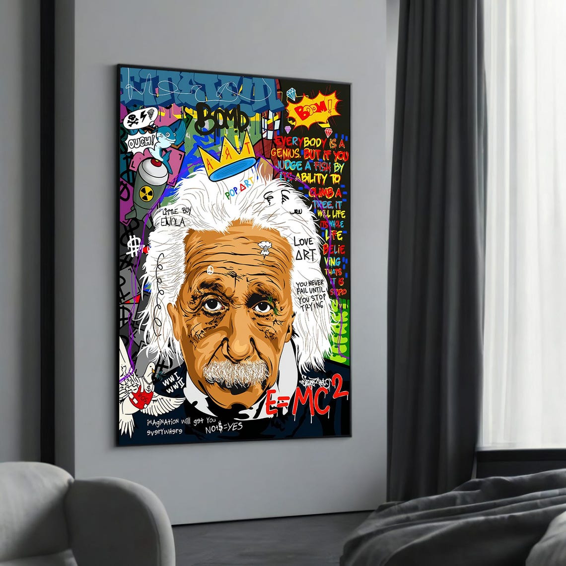 Albert Einstein Crown Graffiti E Equals MC2 Pop Art Portrait Poster