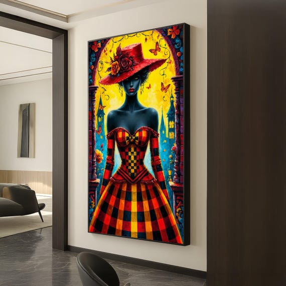Elegant Dark Lady In Red Hat Canvas Gothic Fashion Art Bold Colorful Dress Wall Fantasy Portrait Vibrant Home Decoration