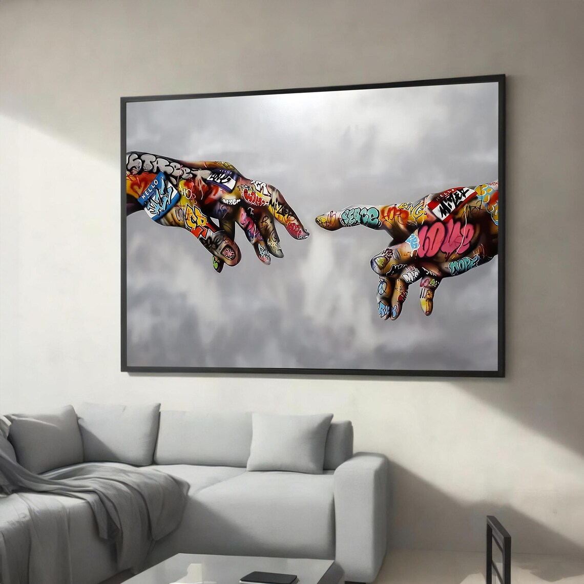 Tattooed Hands Reaching Cloudy Sky Street Art Creation Poster