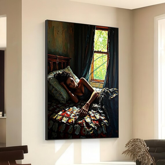 Moody Woman Reclining On Bed By Sunlit Window Oil Painting Style Poster