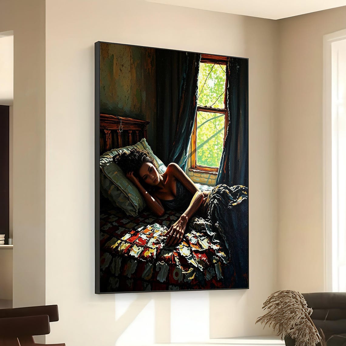 Woman Resting On Bed Sunlit Window Canvas Wall Art Moody Bedroom Scene Contemporary Interior Decor Relaxation Print