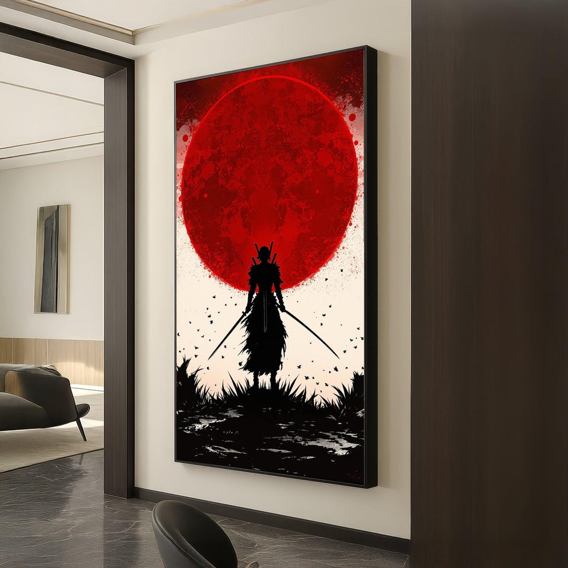 Samurai Silhouette Twin Katanas Giant Red Moon Canvas Wall Art