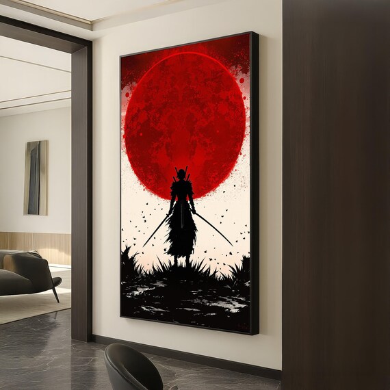 Samurai Silhouette Twin Katanas Giant Red Moon Canvas Wall Art