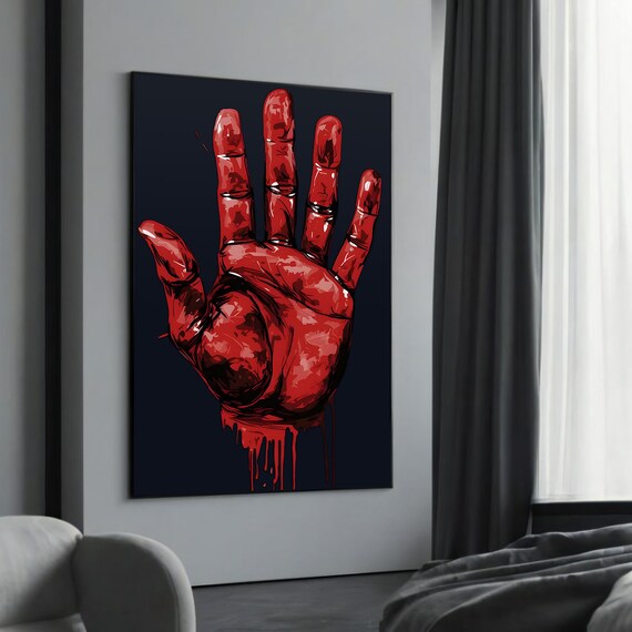 Bold Red Painted Hand Dripping Black Background Pop Art Poster