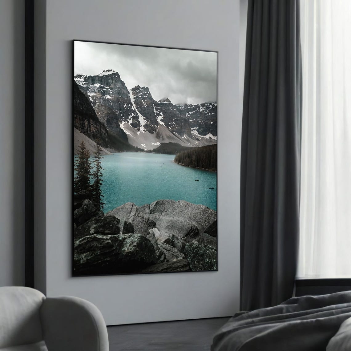 Turquoise Alpine Lake with Snowy Peaks and Pine Forest Poster