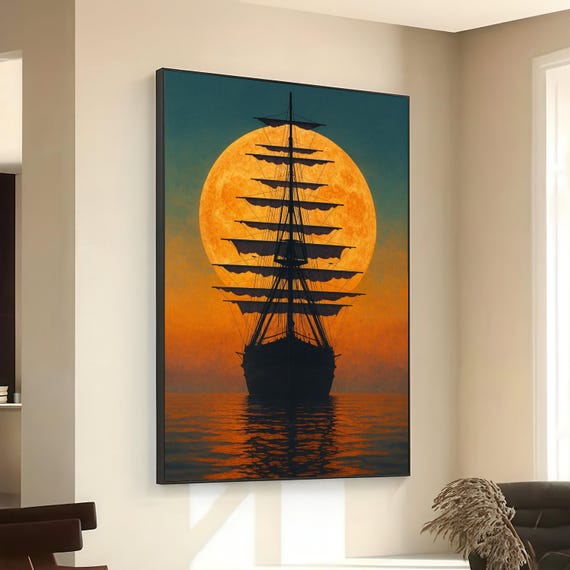 Majestic Sailing Ship Canvas Full Moon Sunset Wall Art Nautical Silhouette Ocean Landscape Decor Maritime Home Decoration