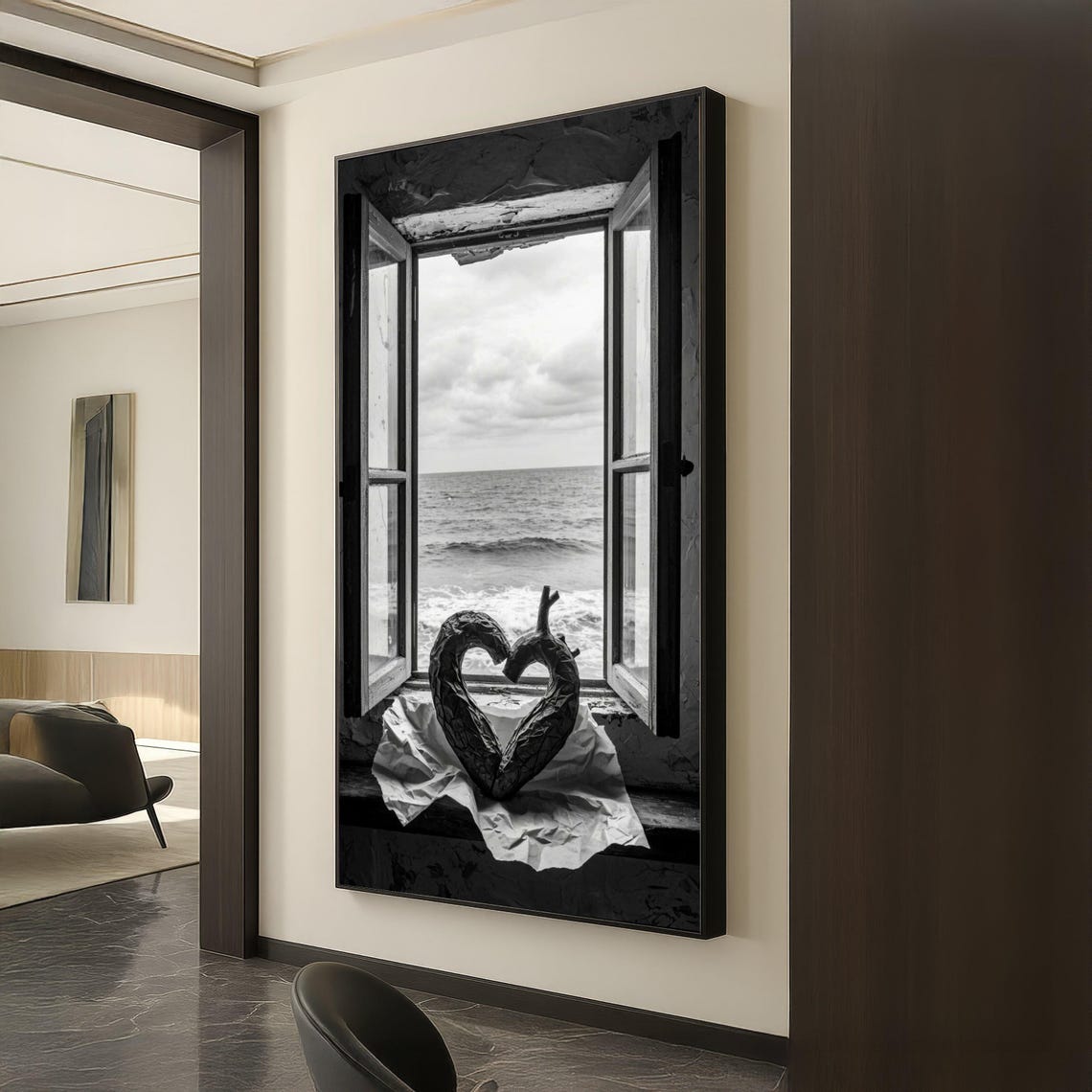 Open Window Ocean View Driftwood Heart Black White Seascape Poster