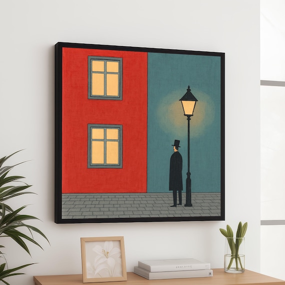 Man Top Hat Street Lamp Night Minimalist Vintage City Art Poster