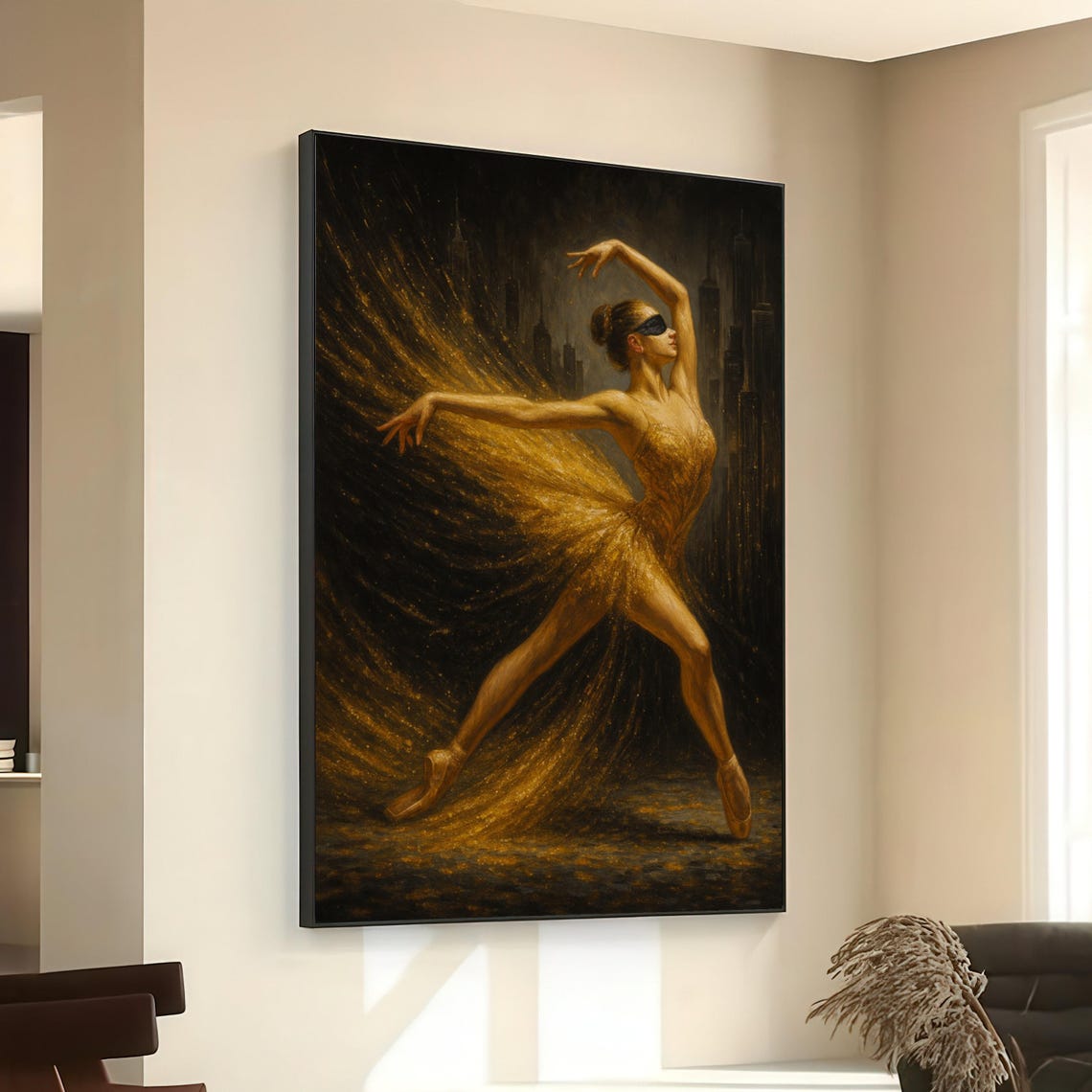 Blindfolded Ballerina Golden Tutu Dissolving Light Dark Art Poster