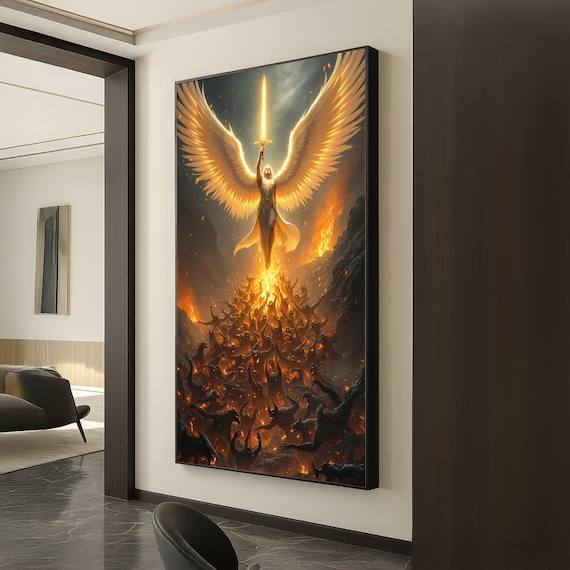 Radiant Archangel Flaming Sword Golden Wings Fire Battle Angel Poster